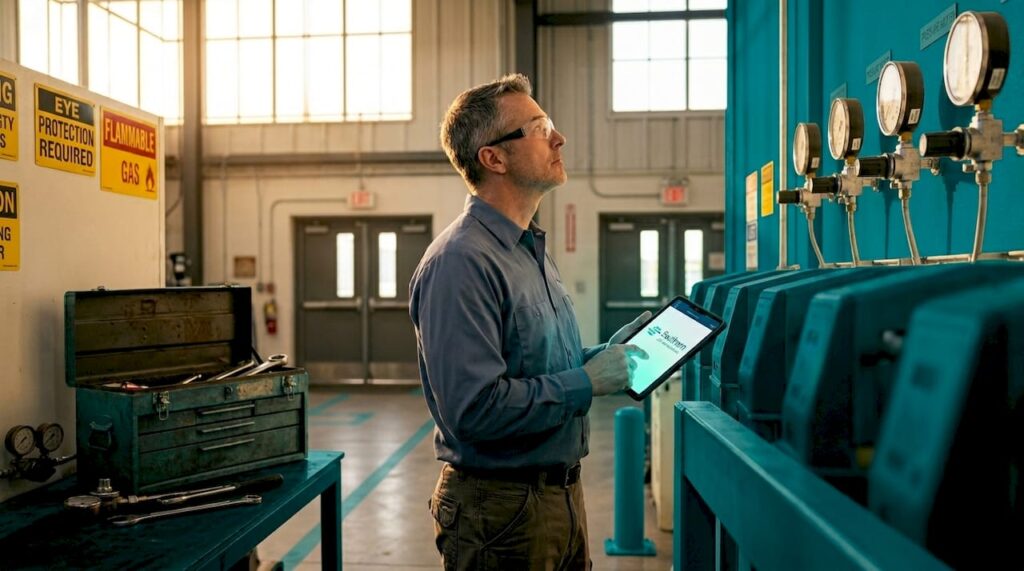 Safety engineer walking past hydrogen generators
