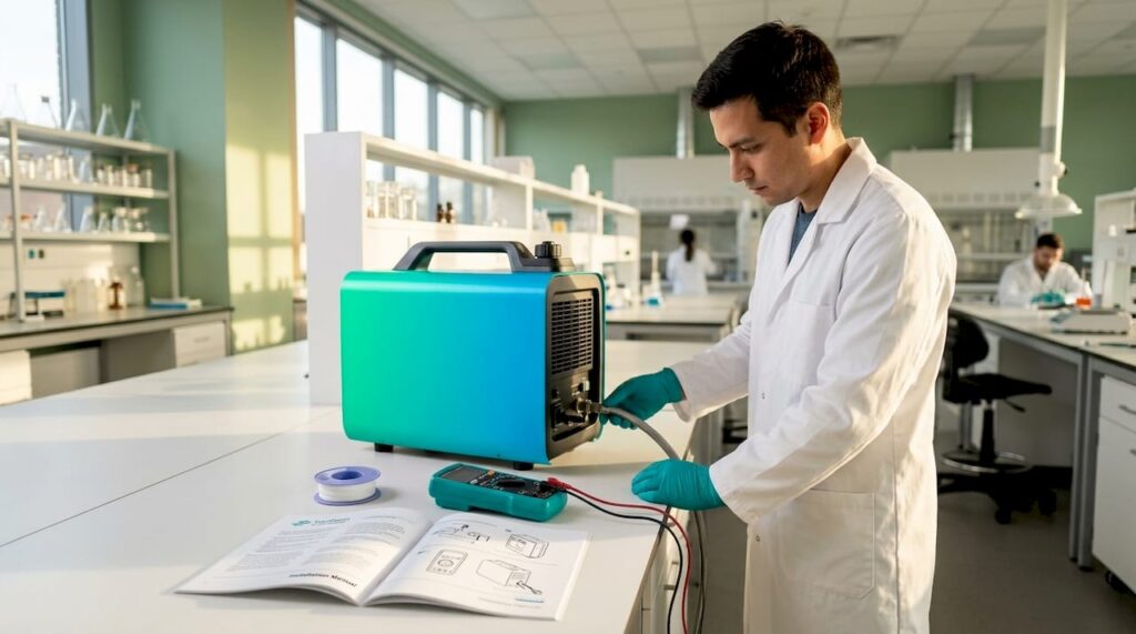 Technician installing lab gas generator in real laboratory