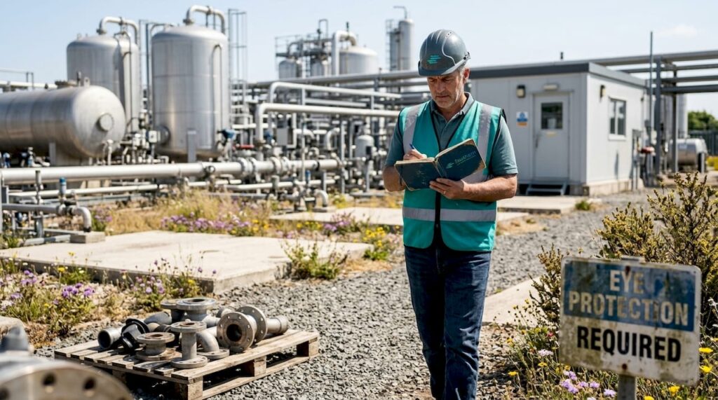 Engineer examining gas generation facility exterior