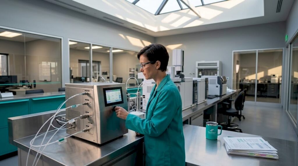 Lab technician checking nitrogen generator