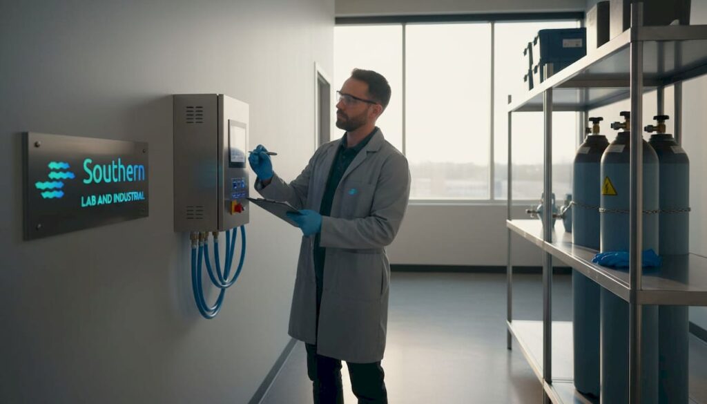 Lab technician comparing gas generator and cylinders