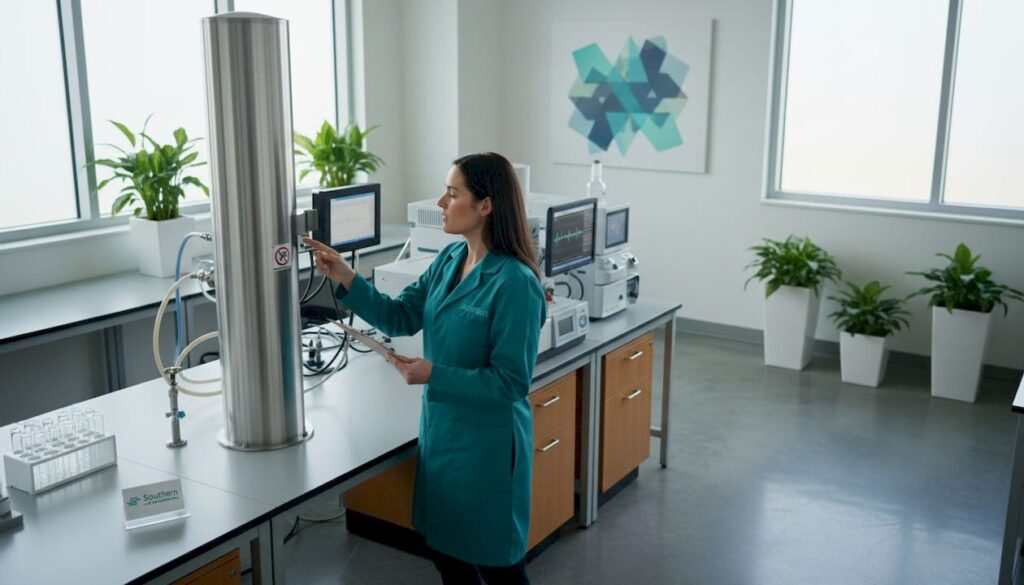 Lab technician checks gas purification column