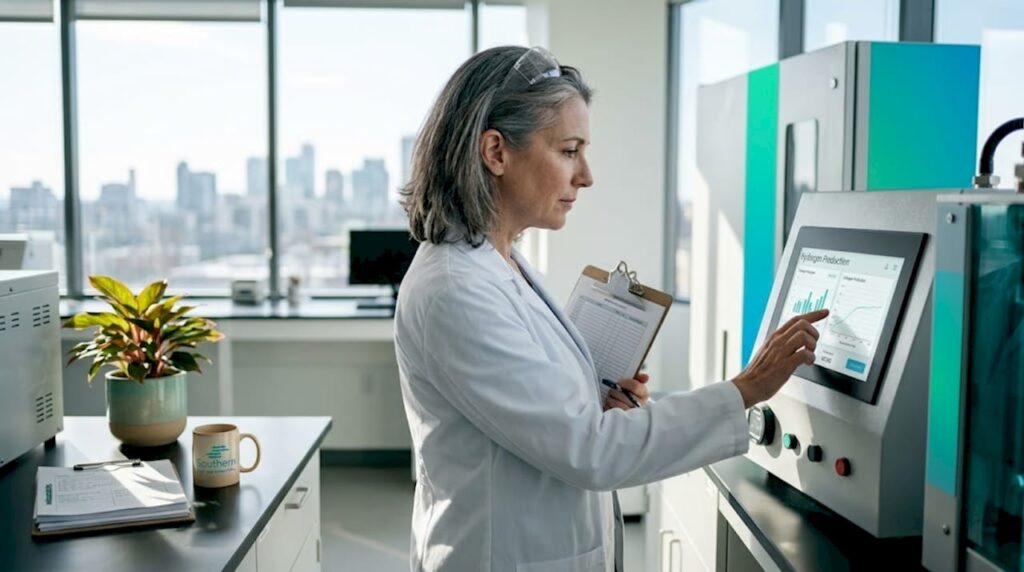 Lab manager monitors electrolyzer hydrogen production