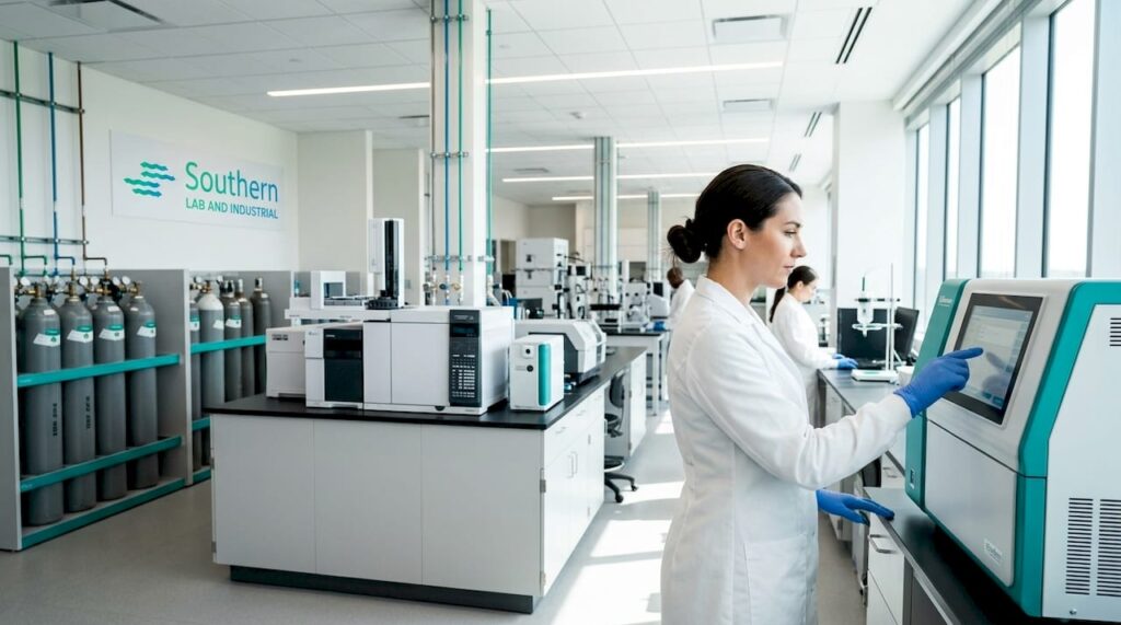 Lab technician using gas generation touchscreen interface