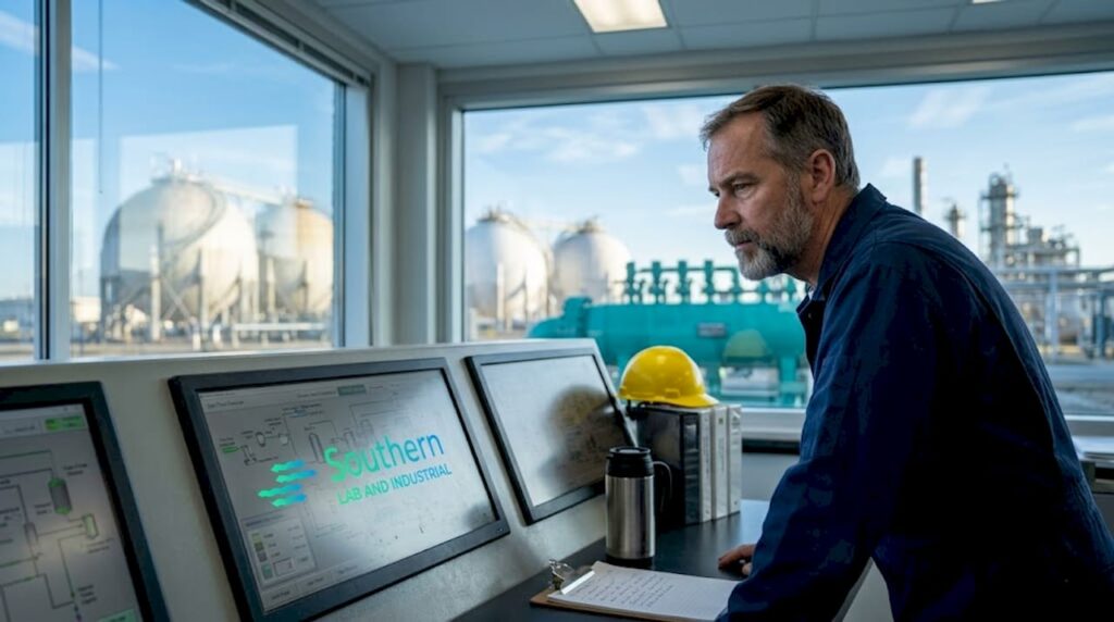 Technician in industrial gas plant control room