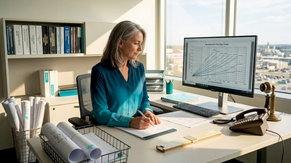 Engineer reviewing gas generator flow charts