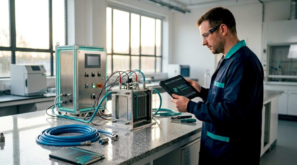 Engineer inspecting PEM electrolyzer in lab