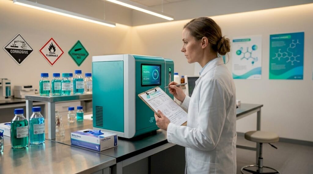 Lab technician checks nitrogen generator in laboratory