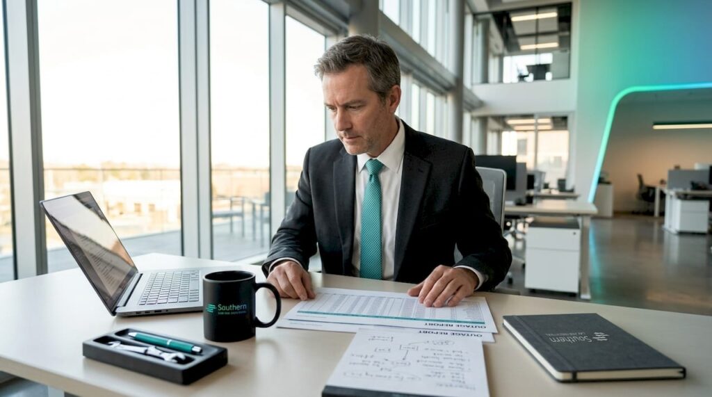 Operations manager reviewing facility downtime reports