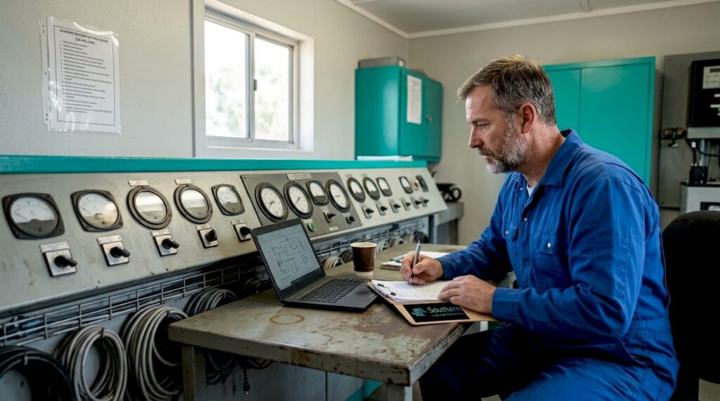 Technician monitoring gas generator controls