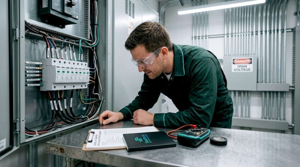 Technician inspecting industrial power protection panel