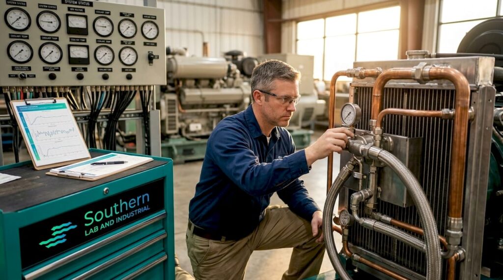 Engineer inspecting gas generator cooling system