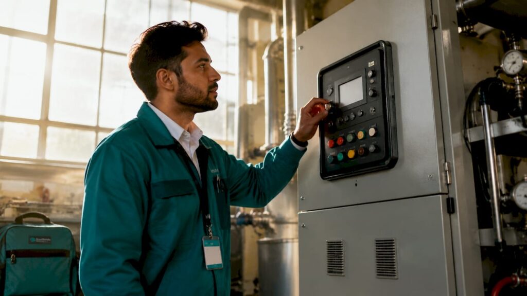 Technician inspecting gas generator controller unit