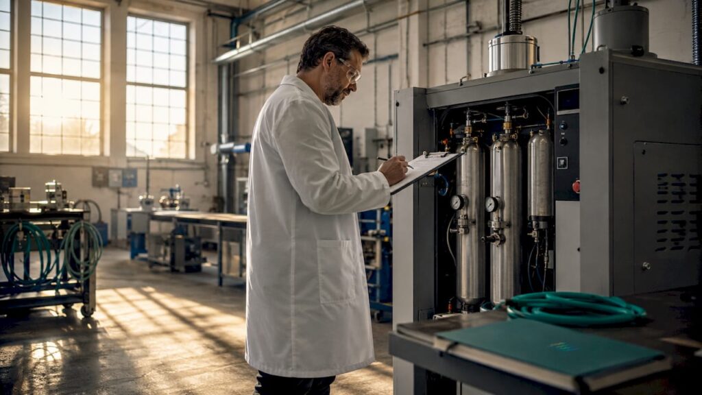 Lab technician inspecting gas generator unit in lab