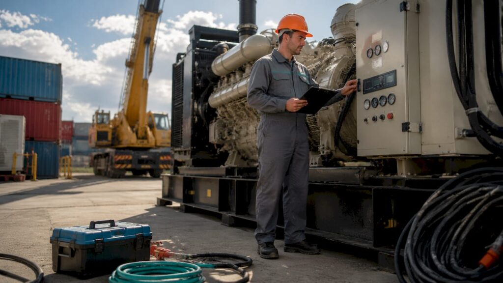 Engineer inspecting industrial gas generator unit