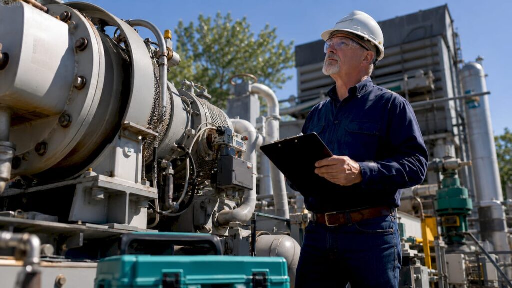 Engineer inspecting industrial generator inlet compressor