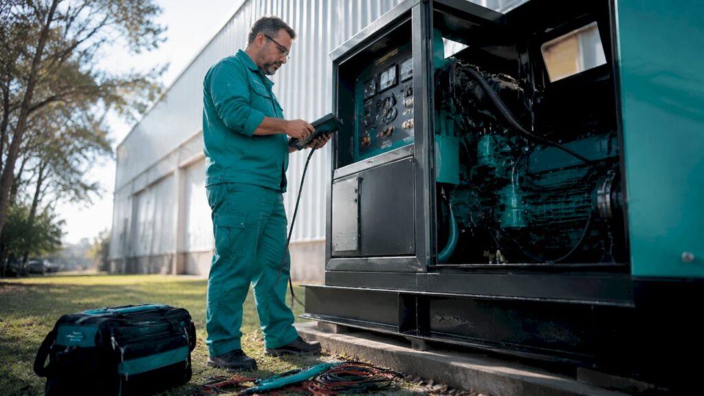Technician inspecting generator on-site with diagnostic tool