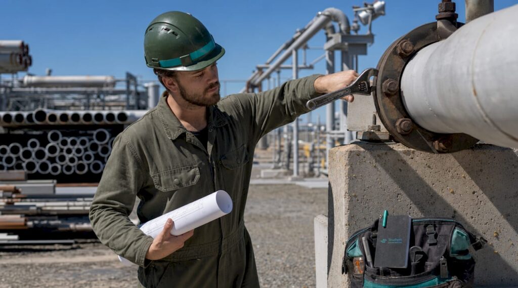 Engineer tightening gas piping joint