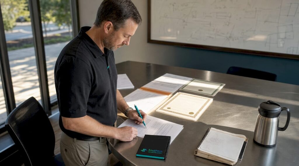 Procurement specialist reviewing supplier documents