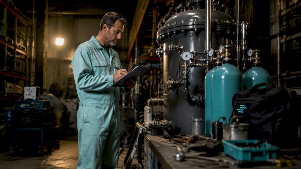 Technician inspecting nitrogen purge vessel in industrial plant