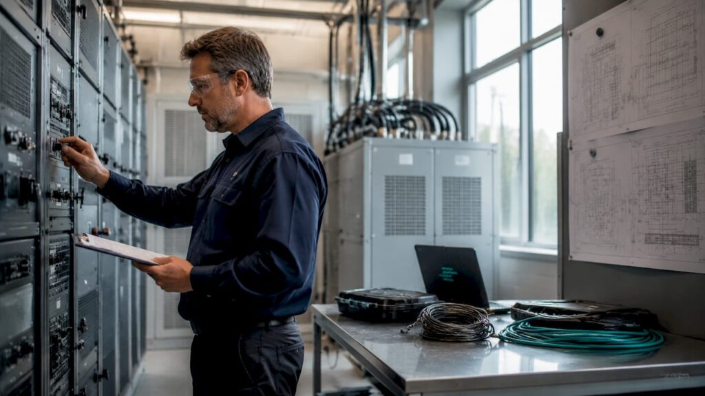 Engineer inspecting industrial power conditioning equipment