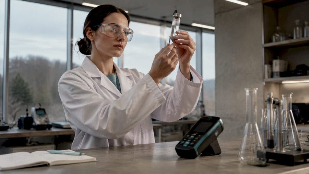Lab scientist examining gas sample near gas generator
