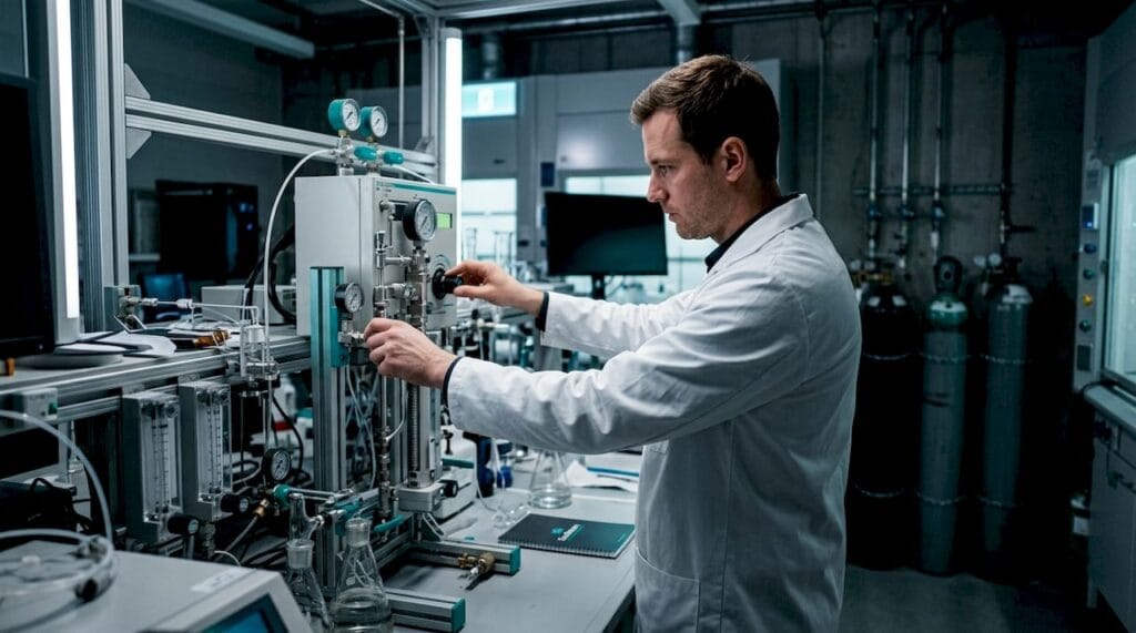 Lab technician operating gas generation system