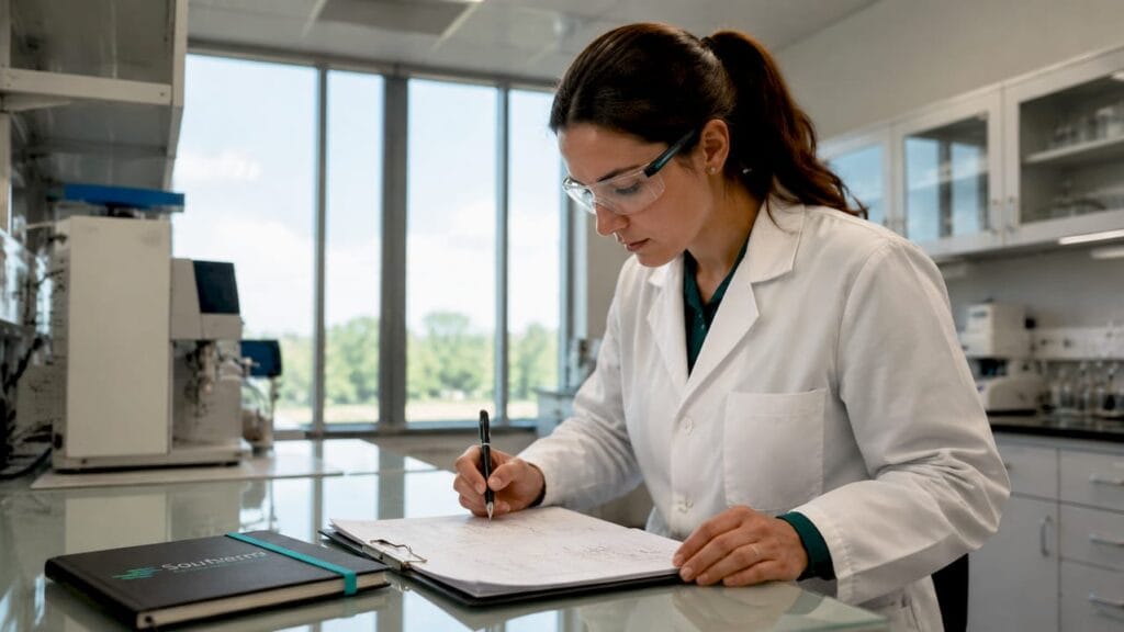 Lab technician reviewing gas generator data