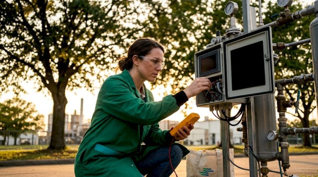 Lab technician inspecting gas generator system