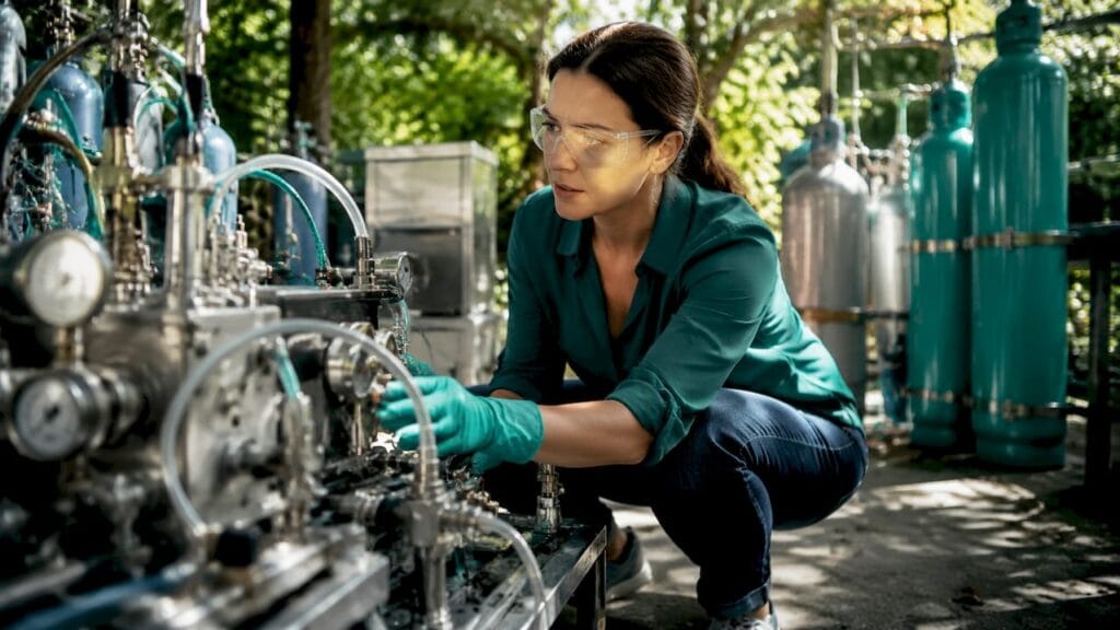 Engineer examining gas generation equipment