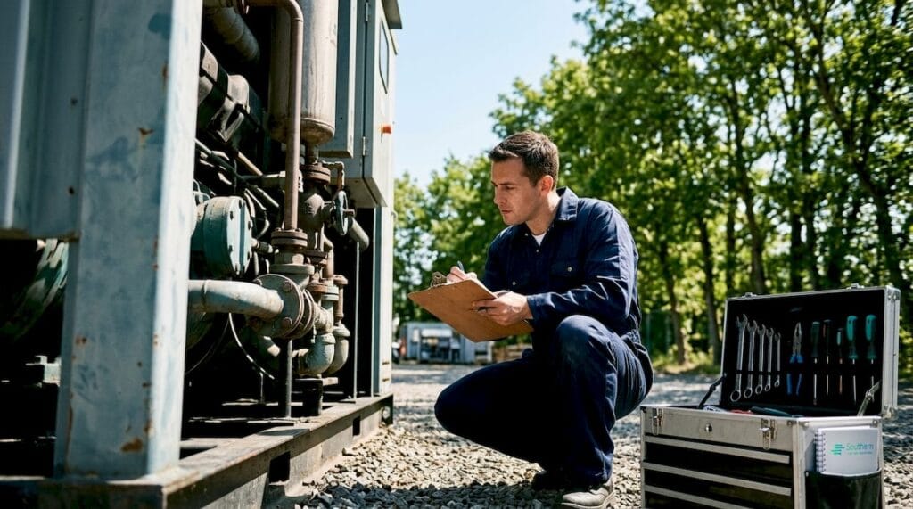 Technician inspecting industrial gas generator with checklist