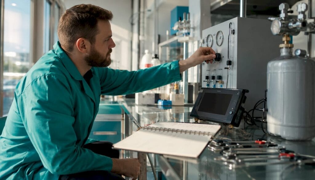 Technician inspecting lab gas generator panel