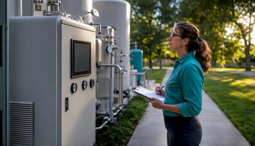Lab manager inspecting gas generator in research lab