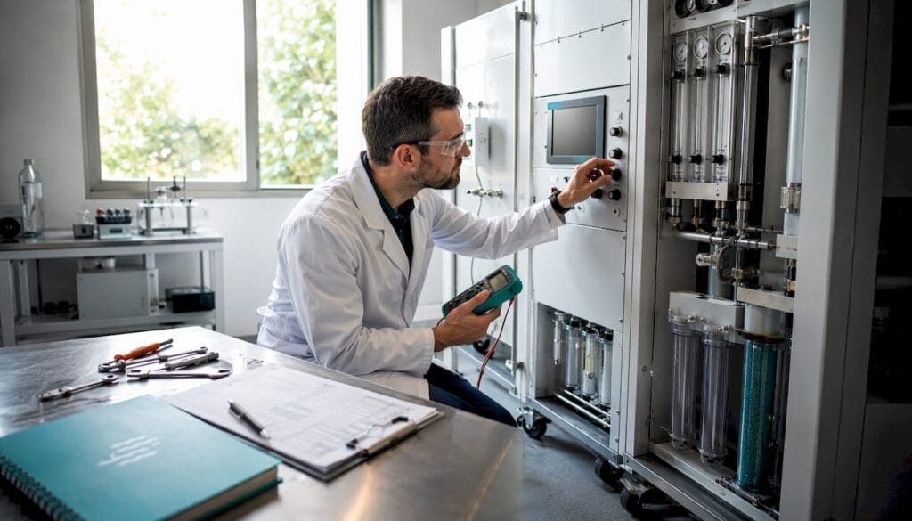 Lab engineer inspecting modular gas generator unit