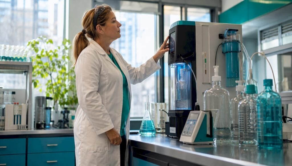 Lab manager inspecting water purification system
