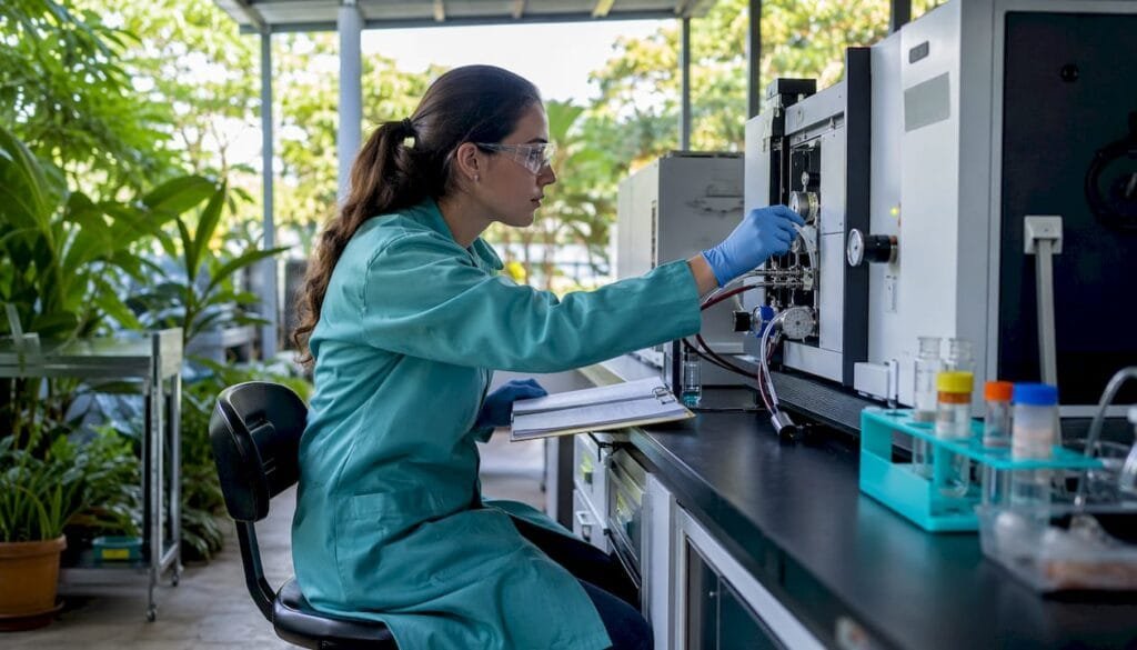 Lab technician switching gas chromatograph carrier gas