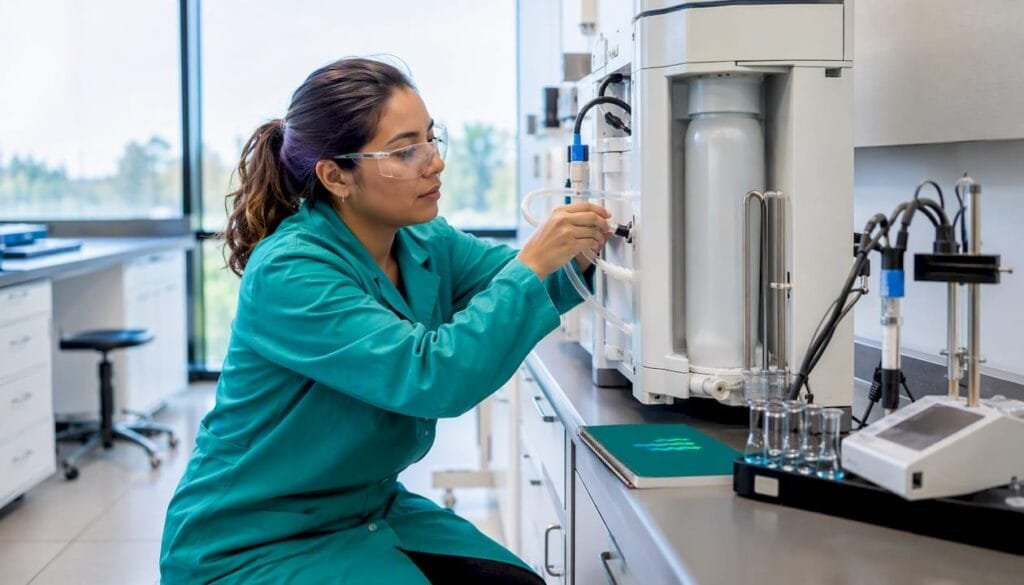 Lab technician installing deionized water system
