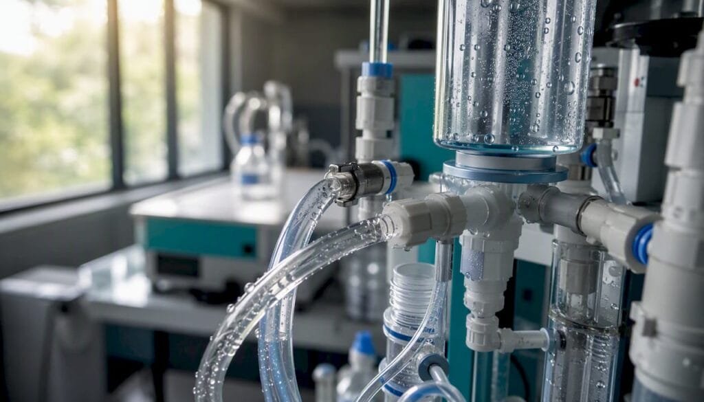 Lab water purification system tubing close-up